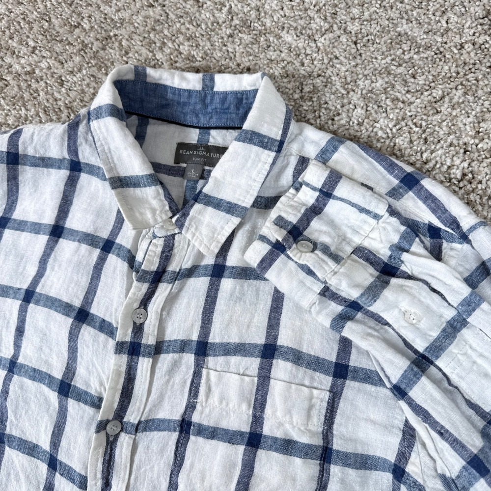 LL Bean Signature Shirt Mens L White Blue Windowpane Plaid Linen Slim Fit